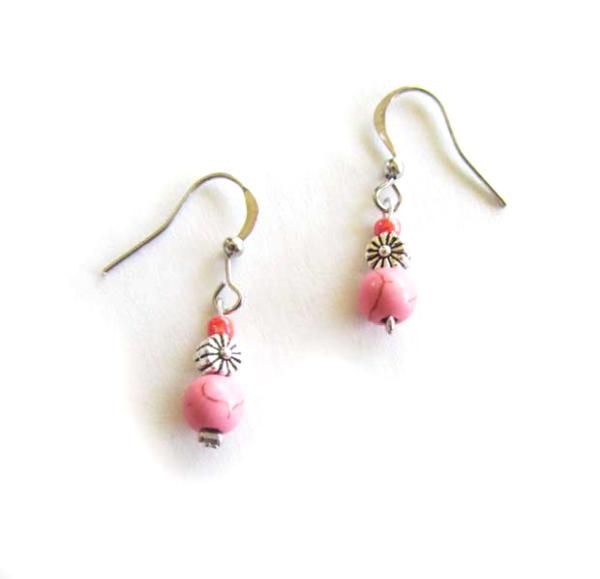 Pink Howlite silver flower earrings