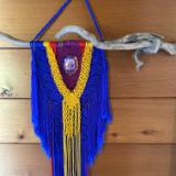 Blue/yellow with bead embroidered dichroic glass centerpiece