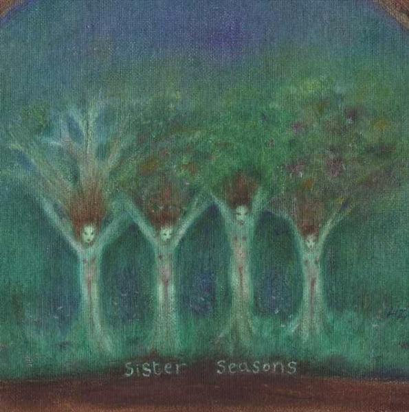 Sister Seasons original oil painting of sisiters trees and four seasons