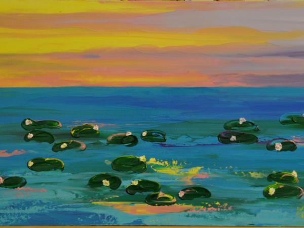 Water Lilies  2 15 X 30 Acrylic on Canvas board Embellished prints available 