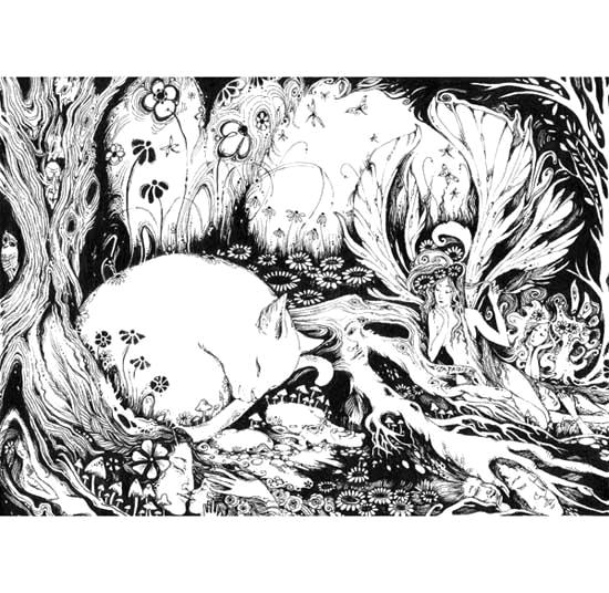 Fairy Cat black and white fantasy drawing