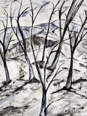 In the dead forest he suddenly realized that the birds he has been watching for days have not moved from their spot in the sky. In the dead forest he suddenly realized that the birds he has been watching for days have not moved from their spot in the sky.