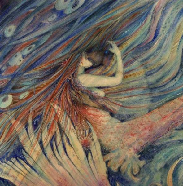 Merrow Kiss Original Watercolor Painting of a mermaid and her lover by Liza Paizis