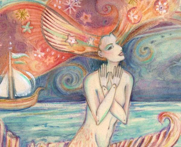 Ulysses Muse art print mermaid siren mythology whimsical art by Liza Paizis