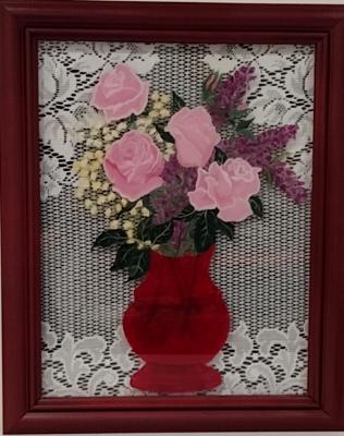 Roses in Red Glass Vase