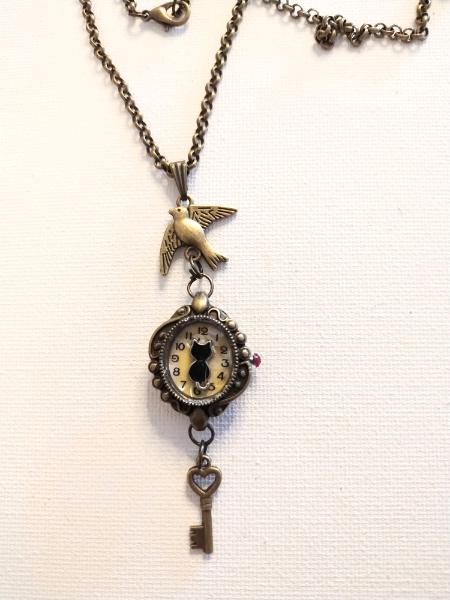 Kitty and Bird Repurposed Lady's watch pendant