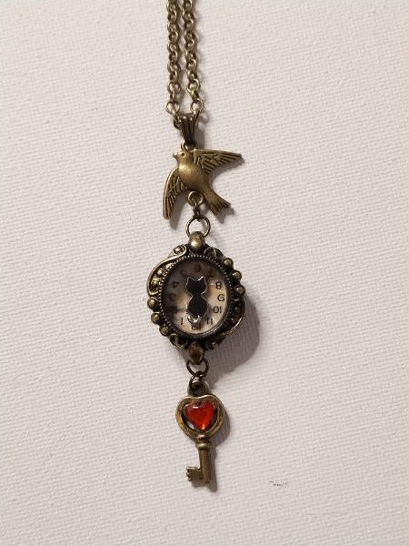 Kitty and Bird Repurposed Lady's watch pendant