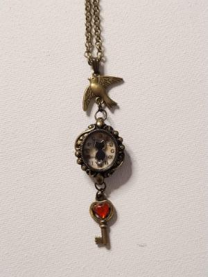 Kitty and Bird Repurposed Lady's watch pendant Kitty and Bird Repurposed Lady's watch pendant