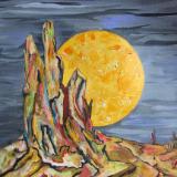 The hunters moon reveals the carcass of a once green valley full of birds in flight