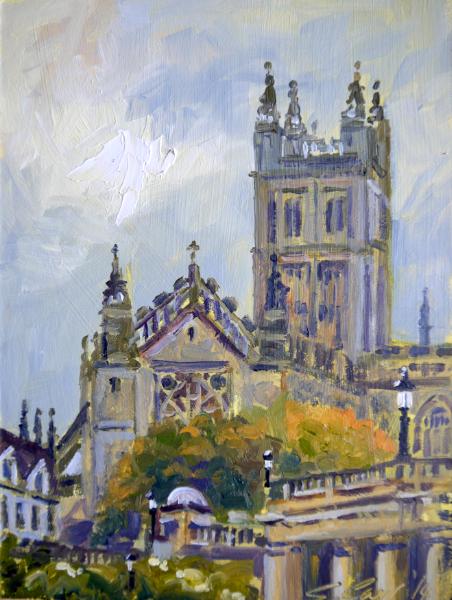 Evening Light, Bath Abbey, 6x8 ins, oils