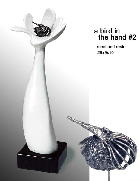 a bird in the hand #2 | steel & resin | 29" tall