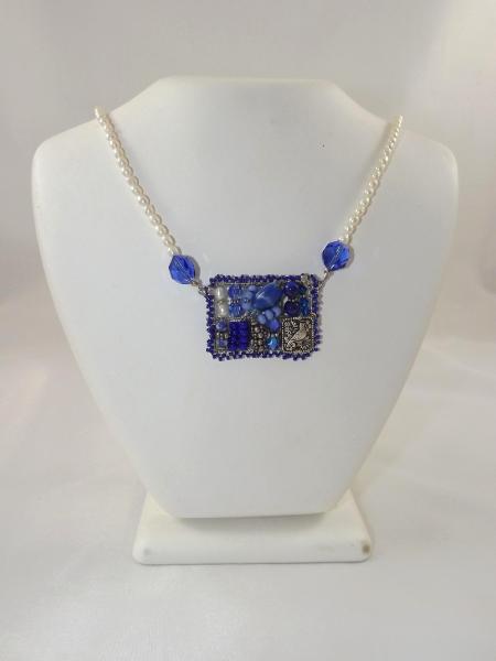 N-78 Blue Mosaic Necklace with Freshwater Pearl Straps
