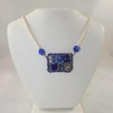 N-78 Blue Mosaic Necklace with Freshwater Pearl Straps