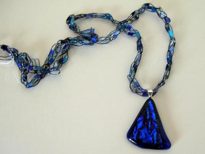 Blue Dichroic Necklace with Crocheted Chain