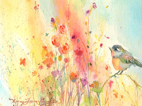 Little bird in wildflower garden