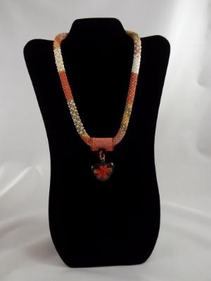 N-109 Peach Patchwork Crocheted Rope Necklace