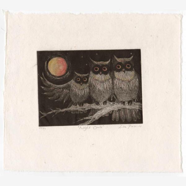 Night Owls limited edition owl etching print by Liza Paizis