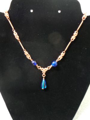 Copper Chain and Wire Necklace with Blue Bead Accents