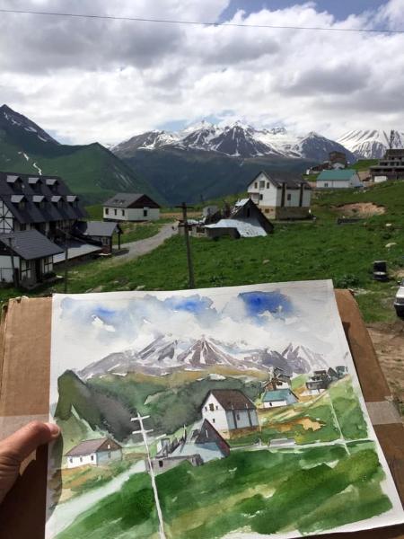 Plein air watercolor painting in Kasbegi-GEORGIA, 38cm x 28cm, 2019