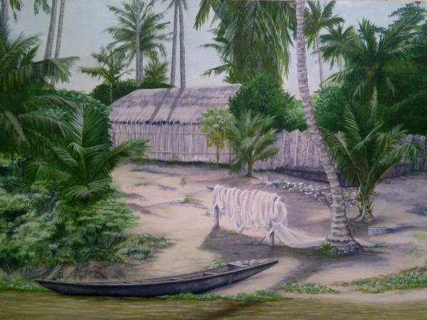 Fishing village hut; Lagos Nigeria. Acrylic on canvas. A3. Framed