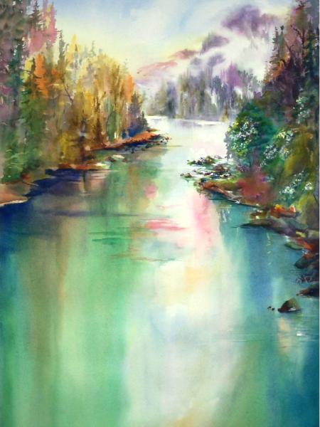 River Umpqua, Oregon, river, watercolor