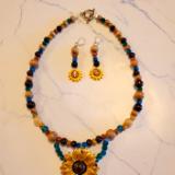 Earthy Multi-mix glass and wood with  Gold metal Sunflower pendant