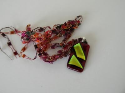 Gold Dichroic Glass on Red Glass Pendant with Rainbow Crocheted Chain Gold Dichroic Glass on Red Glass Pendant with Rainbow Crocheted Chain