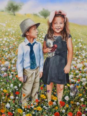 Custom watercolor portrait KIDS IN THE GARDEN, 35cm x 50cm, 2018 Custom watercolor portrait KIDS IN THE GARDEN, 35cm x 50cm, 2018