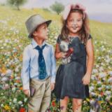Custom watercolor portrait KIDS IN THE GARDEN, 35cm x 50cm, 2018