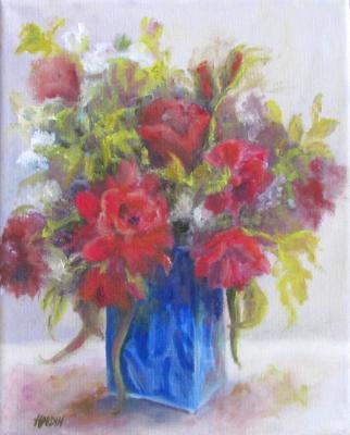 Red Roses in Blue Vase