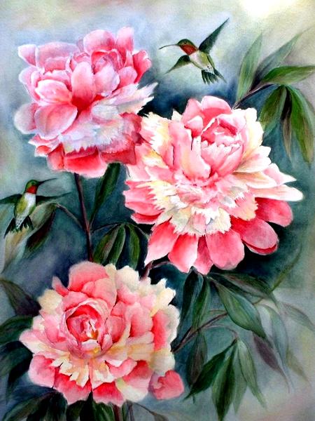 Peonies and Hummingbirds