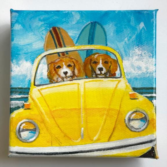 TWO SURFING BEAGLES IN A BUG