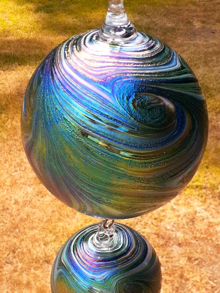 #07302514 Three Hanging Ball Sculpture Starry Night Design Iridised Lg-7'' Med-6'' Sm-4.5'' Long-25'' $200.00