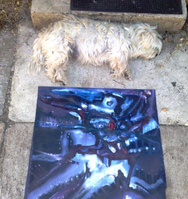 Dee for Dog guarding the paintings