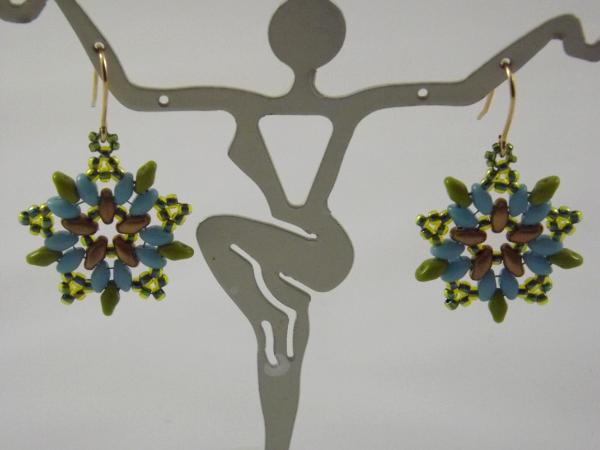 E-5 Olive, Turquoise, & Matte Gold Flower Earrings