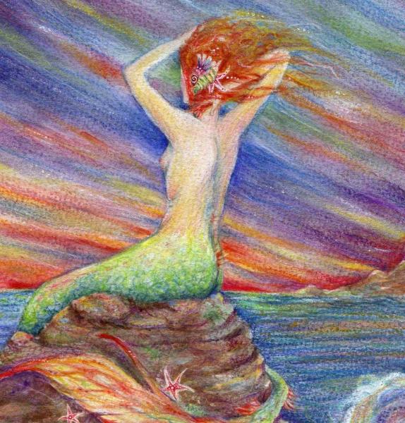 Mermaid Original Fantasy Painting in watercolor of a singing Siren and the Sea...