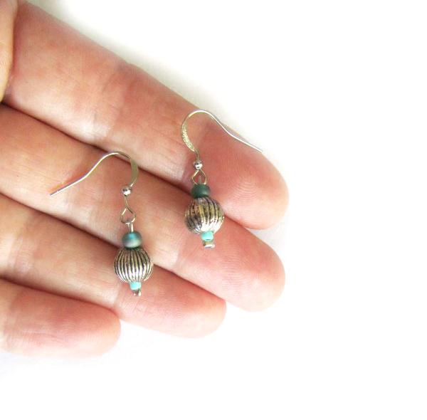 Blue bead silver tone earrings