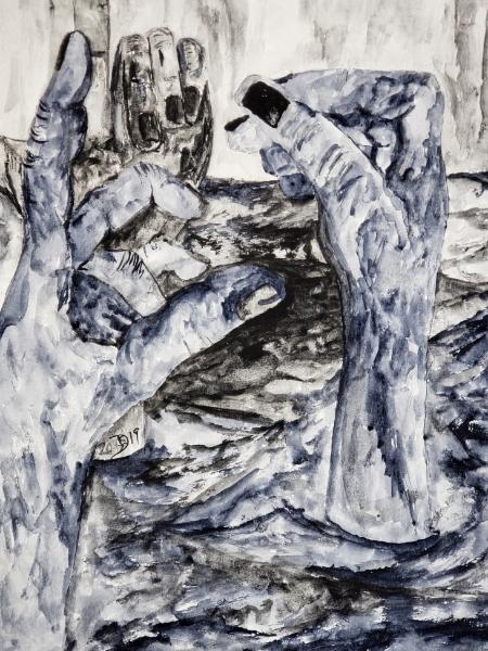 On the plain of Dancing Hands, the wanderer wonders if they are signing? © 2019 By Duane Kirby Jensen,  9 x 12 watercolor, ink, 