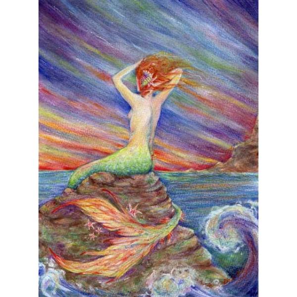 Mermaid Original Fantasy Painting in watercolor of a singing Siren and the Sea...