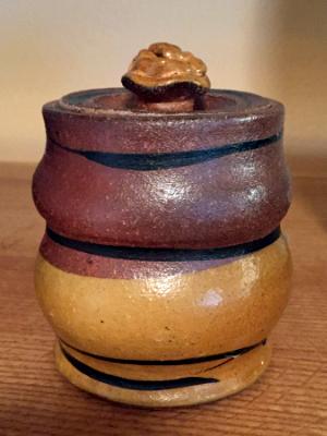 Brown and Dark Cream Colored Lidded Pot Brown and Dark Cream Colored Lidded Pot