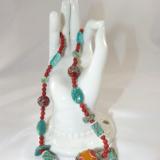 N-126 Red Agate Beaded Necklace w/Resin Focal Bead