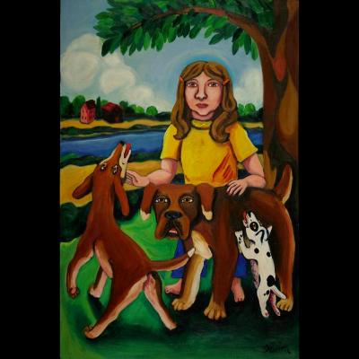 A Girl with Three Dogs A Girl with Three Dogs