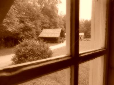 Cades Cove, TN   Looking out the old store window in the Great Smoky Mountain National Park