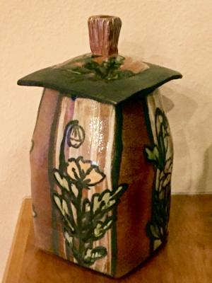 Brown, Black and Tan Urn/Vase with Square Lid