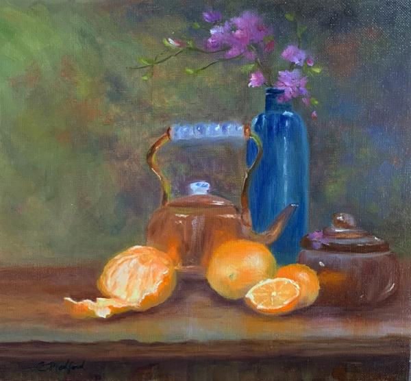 Blue Bottle and Oranges, 12 x 12 oil on canvas mounted on Panel