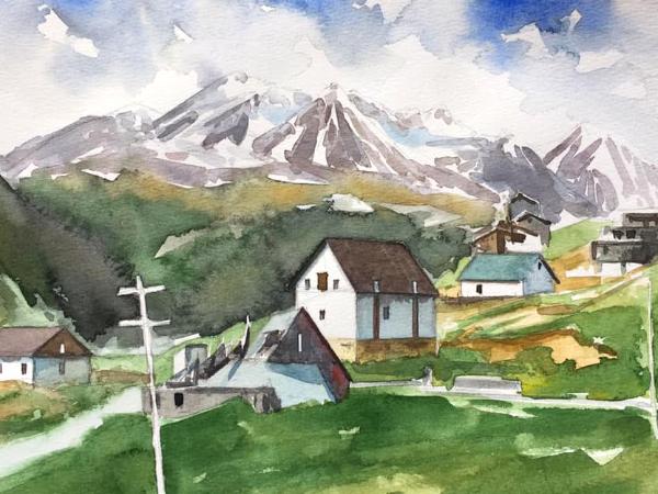 Plein air watercolor painting in Kasbegi-GEORGIA, 38cm x 28cm, 2019