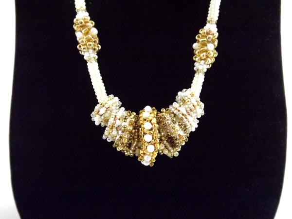 N-107 Ivory & Gold Beaded Necklace w/Beaded Rings