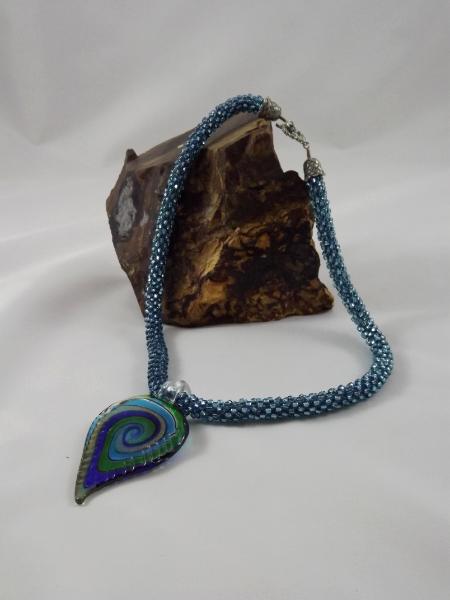 N-18 Marine Blue Crocheted Rope Necklace with Teardrop Pendant