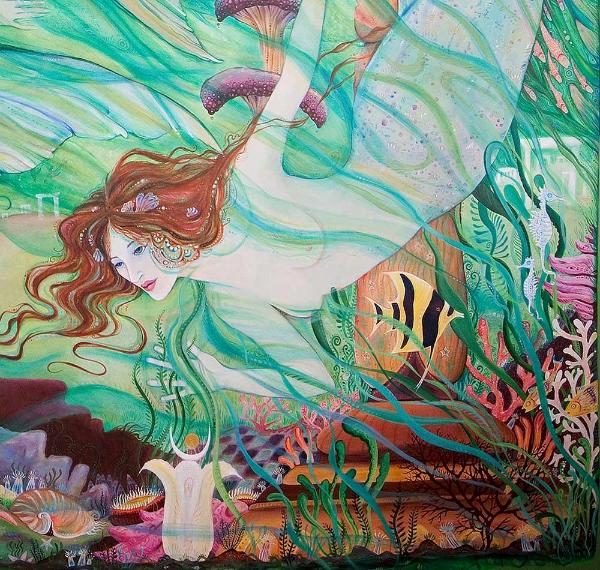 Mermaids in Atlantis fantasy art print from an original painting by Liza Paizis