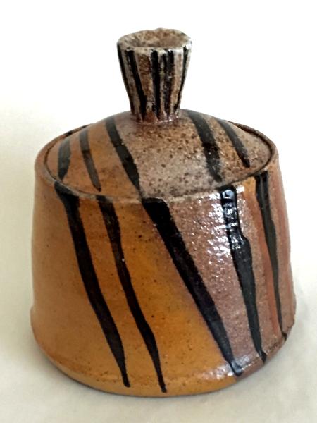 Striped Black and Brown Covered Small Pot